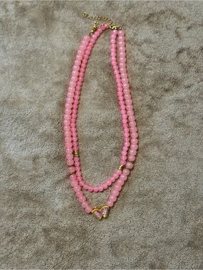 Pink Beaded Double Strand Necklace with Butterfly Accent